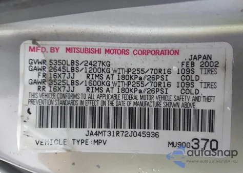 2002 Mitsubishi Montero Sport Xls z USA, uszkodzony, nr VIN JA4MT31R72J045936